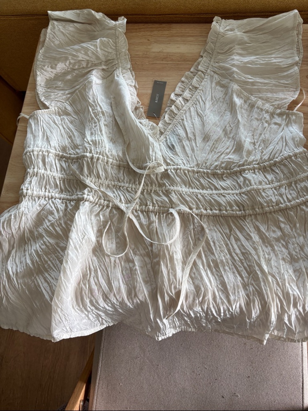 NWT J Crew Palermo Crinkled Ruffle V-Neck Tie-Waist Blouse in Cream - Picture 2 of 7